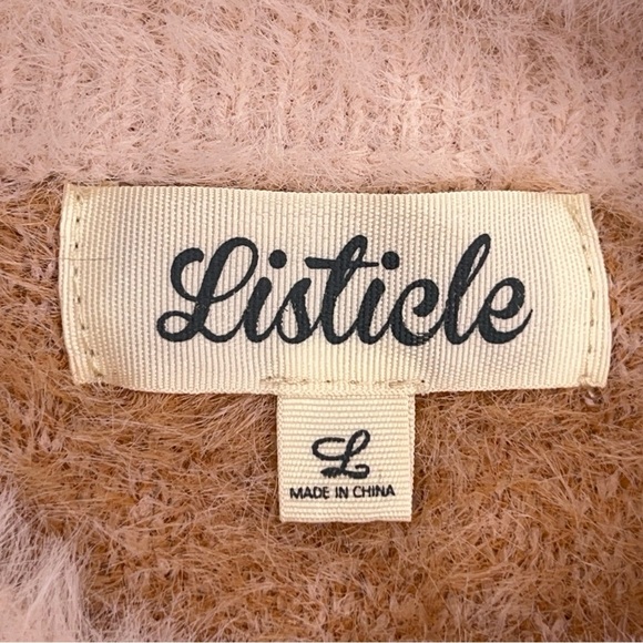 Large Listacle Peach Salmon Animal Print Fuzzy Knit Sweater Long Sleeve Soft - Picture 11 of 13